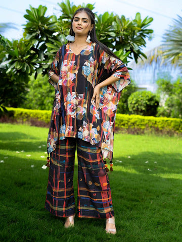 Floral Print Kaftan Style Co-Ord Set with Handcrafted Tassels – Multicolor, Relaxed Fit