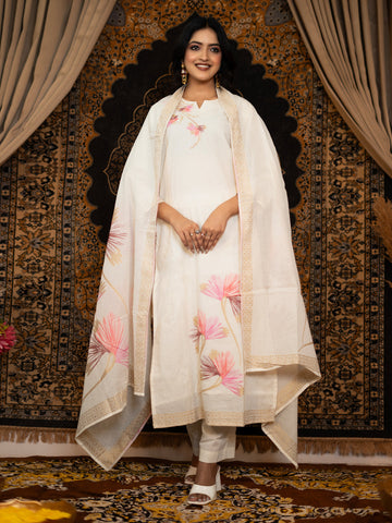 Off-White Cotton Jacquard Kurta Pant Set with Dupatta – Festive & Elegant Indian Ethnic Wear