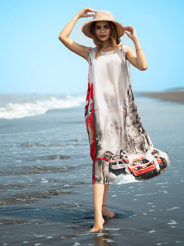 White Architectural print Silky Satin Round Neck Sleeveless Dress – Western Style