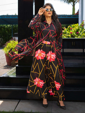 Bold Look Western Co-Ord Set - Black & Red Geometric Floral Print