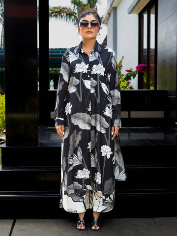 Stylish Black & White Lotus Floral Print Co-Ord Set – Festive Muslin with Shirt Collar