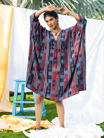 Multicolor Geometric Print Banjara Trend Kaftan Style One-Piece Dress in Natural Crepe