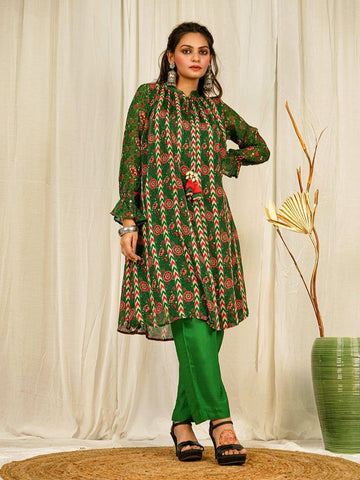 Green Chevron & Suzani Print Coord Set on Luxurious Chinon