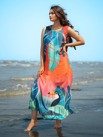 Blue-Orange Abstract Print Muslin Crepe Sleeveless Dress – Perfect for Outings & Vacations