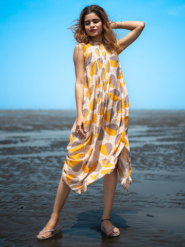 Yellow Tropical print Muslin Crepe High Neck Sleeveless Dress – Western Style