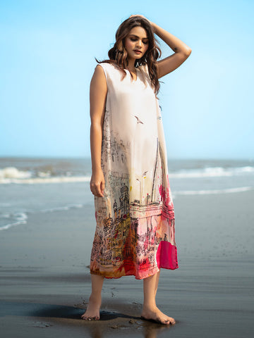 Cream Architectural Print V-Neck Sleeveless Dress – Perfect for Outings & Vacations