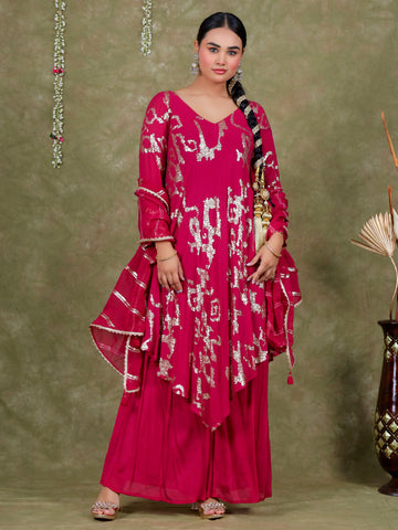 Sequence Embroidery Based Georgette Kurta Sharara Set with Organza Dupatta - Pink