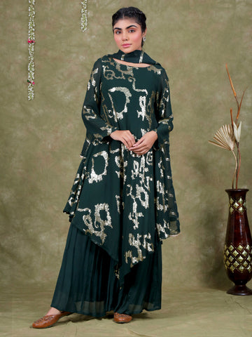 Sequence Embroidery Based Georgette Kurta Sharara Set with Organza Dupatta - Dark Teal Blue