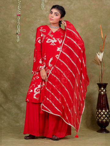 Sequence Embroidery Based Georgette Kurta Pant Set with Organza Dupatta - Red