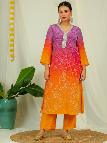 Ombre Natural Crepe Kurta Pant Set with Dupatta with Hand Work - Mustard & Purple