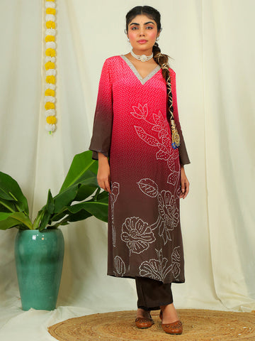 Black & Pink Ombre Bandhani Floral Print Natural Crepe Kurta Sets with Hand Embellishments