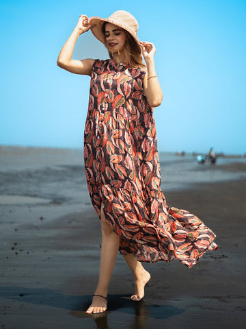 Brown Tropical leaf Print Shirt-Collar Sleeveless Dress – Perfect for Outings & Vacations