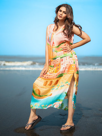 Peach color Architectural print Silky Satin V-Neck Sleeveless dress – Western Style