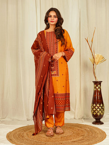 Orange Zig-Zag Print Chanderi Kurta Set with Hand Work | Festive Ethnic Wear