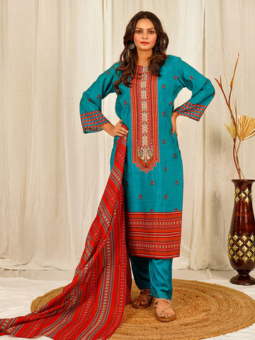 Teal Blue Floral Print Chanderi Kurta Set with Hand Work | Festive Ethnic Wear