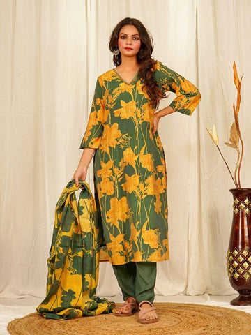 Floral Print Chanderi Kurta Pant Set with Dupatta with Thread work on Neck line - Green