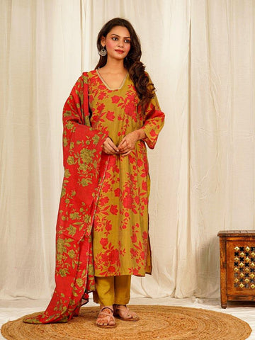 Floral Print Chanderi Kurta Pant Set with Dupatta with Lace on neck Line - Olive Green