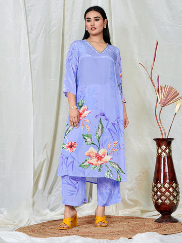 Lavender Natural Crepe Coord Set with Handwork V-Neckline