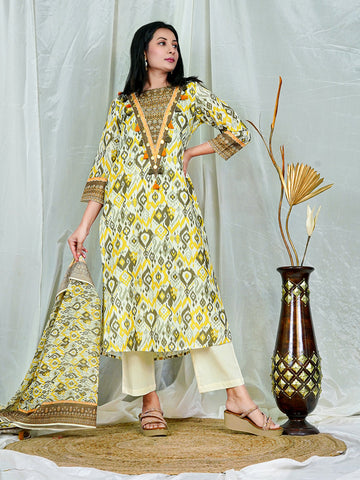 Mustard & Olive Ikat Print Cotton Kurta Set with Embroidered Neckline & Dupatta