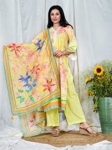 Sunny Yellow Floral Kurta Set with Lace Neckline & Colorful Dupatta