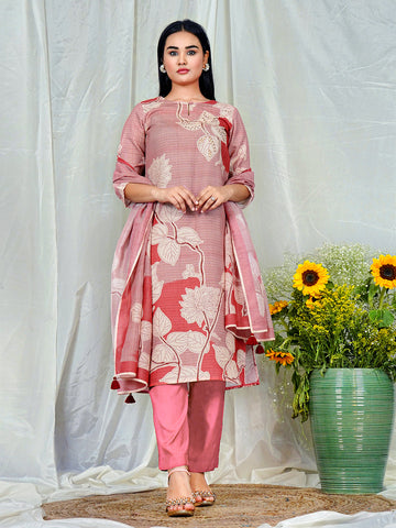 Rose Pink Lotus Print Kurta Set with Maroon Pants & Coordinated Dupatta