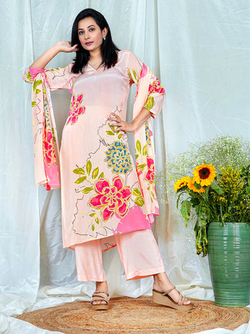 Peach Natural Crepe Kurta Set with , Sequins & Katdana-Highlighted Floral Prints