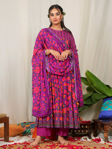 Purple color Suzani Print Chinon Anarkali sets with Handwork Detailing