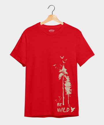 100% Cotton Round Neck Tee - Be Wild - | Red | White