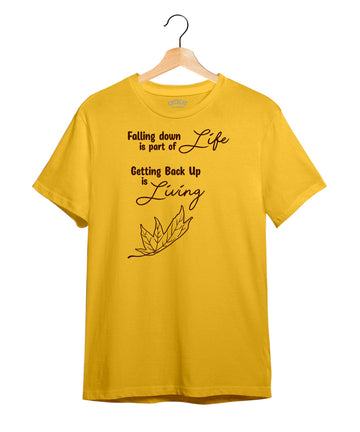 100% Cotton Round Neck Tee - Life And Living- | Sunflower Yellow | White