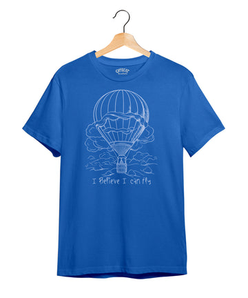 100% Cotton Round Neck Tee - Believe & Fly - | Electric Blue | White