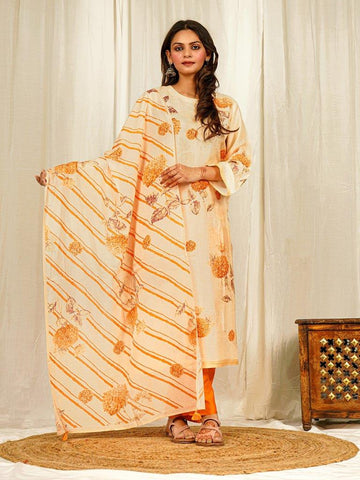 Elegant Cream Floral Raw Silk Kurta Set with Sequins and Dupatta