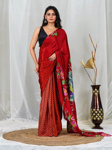 Red Multi Color Floral Print Natural Crepe Saree | Festive & Evening Wear