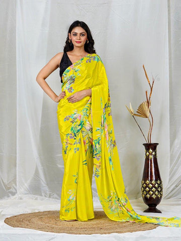 Elegant Yellow Natural Crepe Saree with Vibrant Multicolor Floral Prints