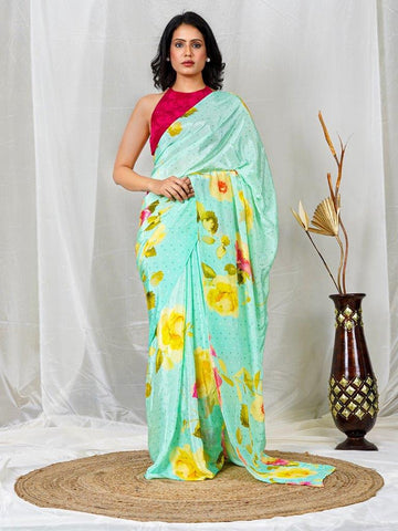 Sea Green Natural Crepe Saree with Vibrant Multicolor Floral Prints