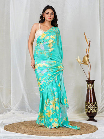 Mint Green Natural Crepe Saree with Vibrant Multicolor Floral Prints