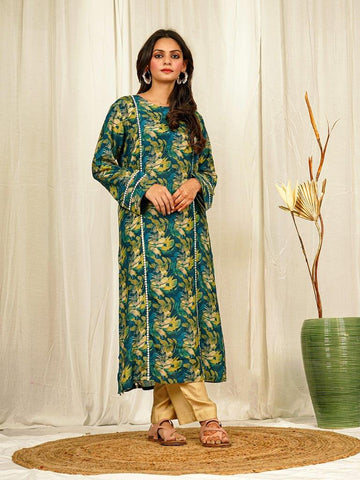 Elegant Teal Blue Muslin Floral Print Kurta with Lace Insertion & Solid Palazzo