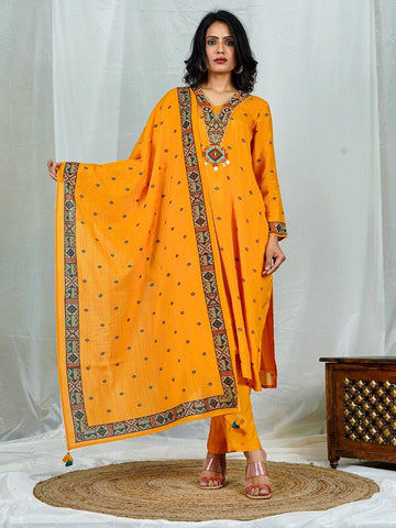 Yellow Color Rugs Inspired Geometric Print Muslin Kurta Sets with Handwork Detailing