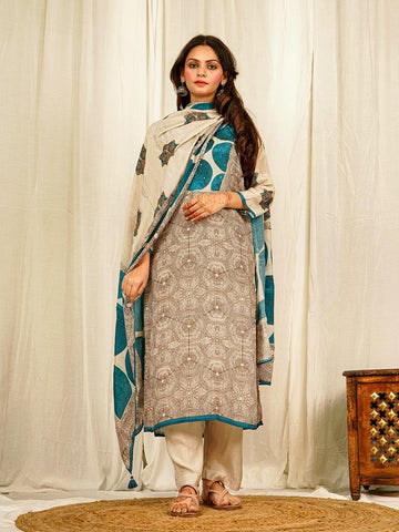 Bright Grey Geometric Print Muslin Crepe Kurta Set with Hand Detailing