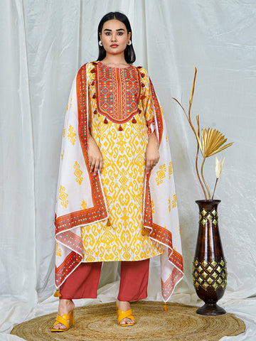Women's Yellow Ikat Kurta Set with Rust Embroidery & Dupatta