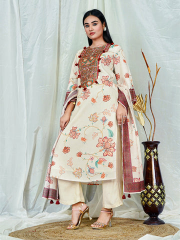 Off-White Floral Print Kurta Set with Embroidered Yoke & Dupatta – 3-Piece Ethnic Wear