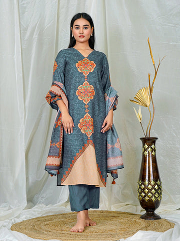 Grey Kurta Set with Intricate Rust Rug Motifs