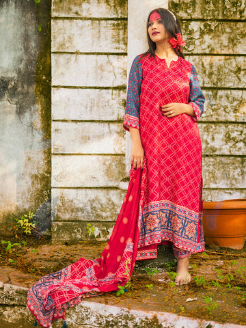 Red Ajrakh Print Muslin Kurta Sets with Handwork