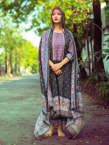 Black Ajrakh Print Muslin Kurta Set with Handwork – Perfect for Festive Celebrations