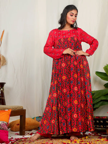 Red color Suzani Print Chinon Anarkali Sets with Handwork Detailing