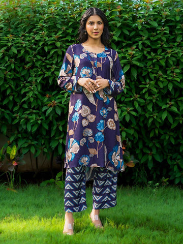 Purple Geometric Print 2-Piece Co-Ord Set – Festive Viscose Muslin with Full Sleeves
