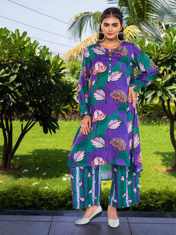 Purple-Green Abstract Floral Print 2-Piece Co-Ord Set – Festive Viscose Muslin
