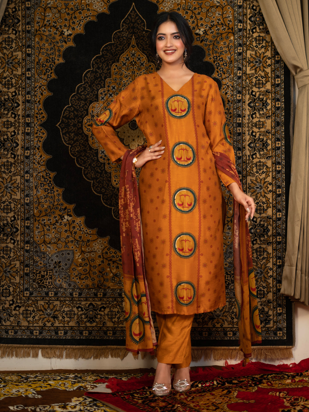 07. Libra - Orange Astro Fashion Based Raw Silk Top Bottom Dupatta Set with Hand Embroidery