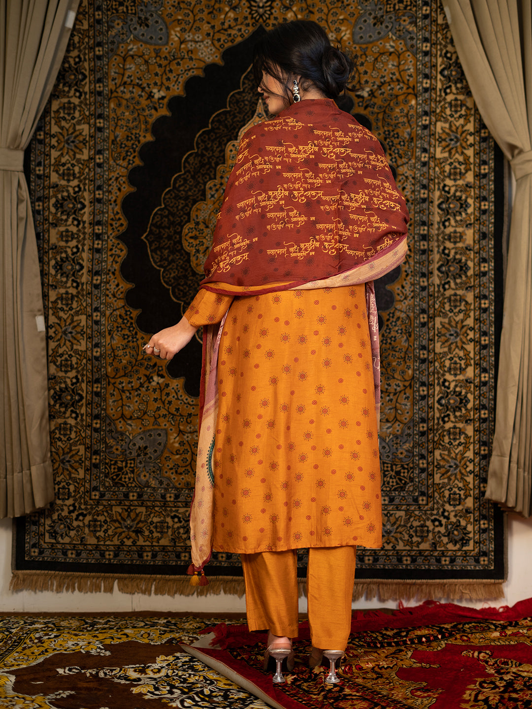 07. Libra - Orange Astro Fashion Based Raw Silk Top Bottom Dupatta Set with Hand Embroidery