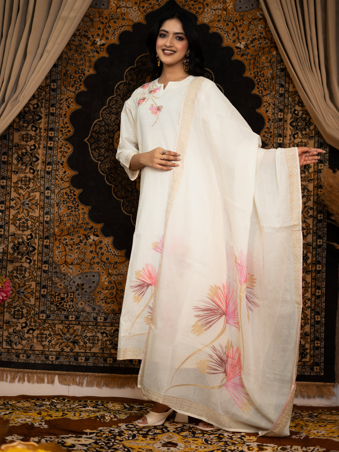 Off-White Cotton Jacquard Kurta Pant Set with Dupatta – Festive & Elegant Indian Ethnic Wear