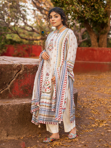 Off-white & Multi-Color Kashmiri Rugs Digital Printed Chanderi Straight Kurta Set